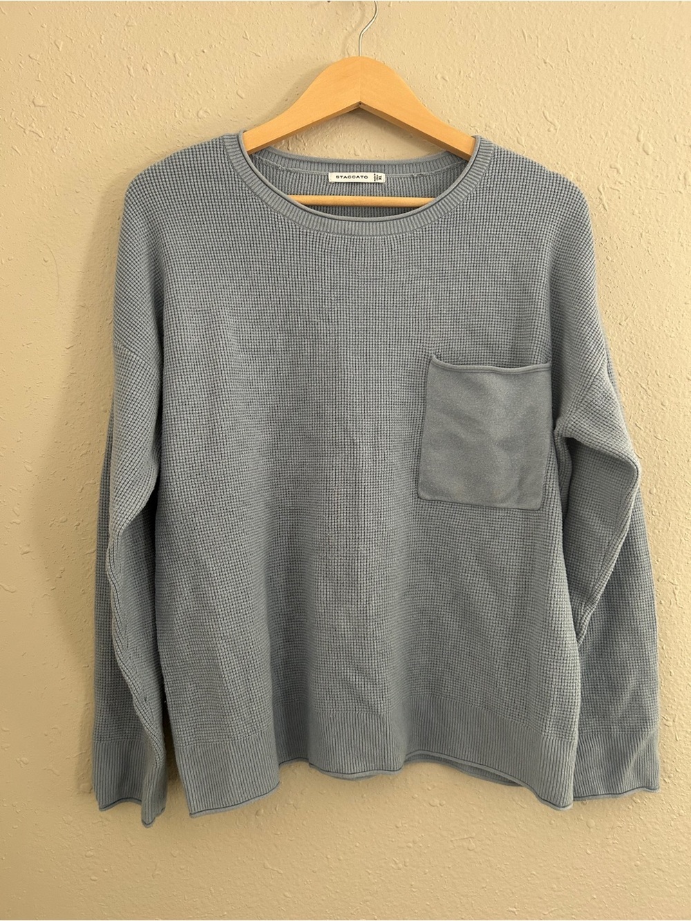 Staccato Light Blue Crewneck Waffle-Knit Sweater with Chest Pocket Casual Comfy